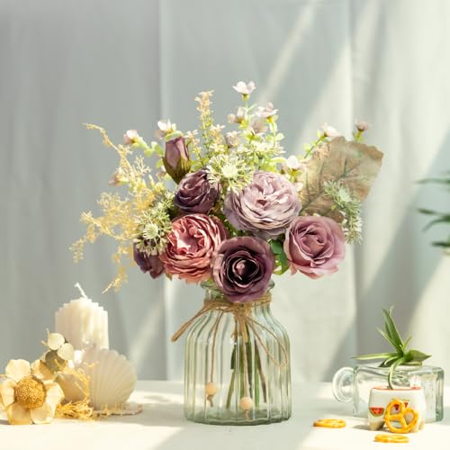 LESING Fake Artificial Flowers with Vase Faux Silk Flower Bouquet in Glass Vase Rose Floral Arrangements Flower for Home Office Decoration, Dining Table Centerpiece (Purple) - color: Purple