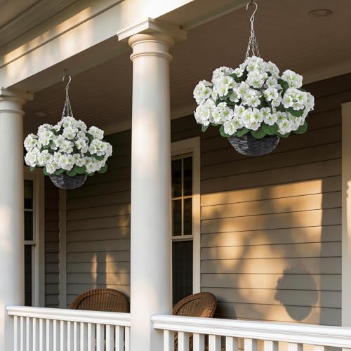 GLIDLION 2 Set Artificial Geraniums Flowers with Hanging Baskets for Outdoors - Sun Resistant Silk with Geranium Flowers, Fake Hanging Planters for Front Porch Garden Patio Home Decor (White) - color: White