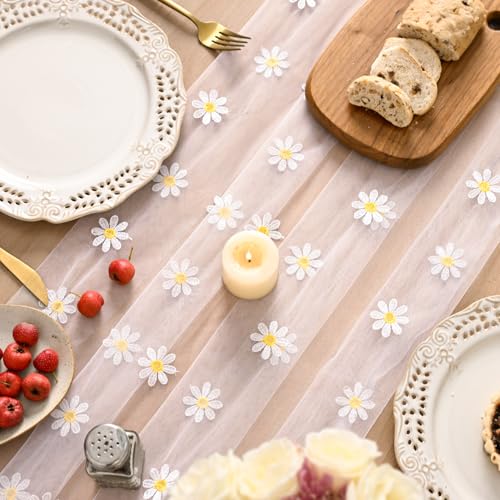 Artoid Mode Light Pink Daisy Gauze Embroidery Table Runner 120 Inch 10FT, Tulle Seasonal Spring Kitchen Dining Holiday Table Decor for Home Party - color: Light Pink