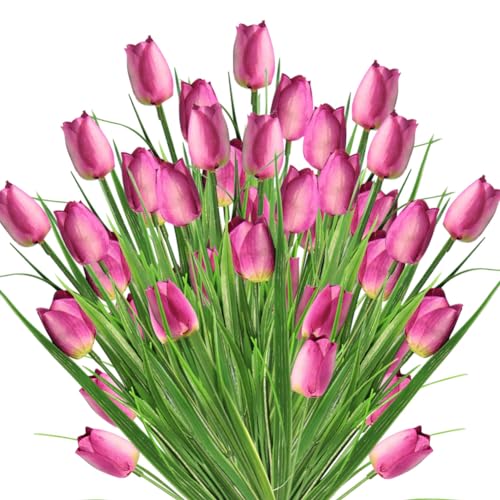 10 Bundles Artificial Tulips Flowers Outdoor,16.5 inch UV Resistant Fake Tulips Real Touch Flowers,Faux Tulips Realistic Flowers for Home Garden Outside Wedding Decor (Purple) - color: Purple