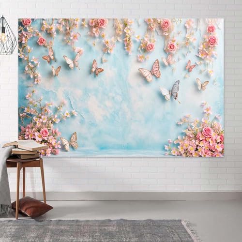 6x4ft Butterfly Floral Backdrop Birthday Colorful Flowers Photo Background for Girls Wedding Birthday Party Girls Princess Butterfly Theme Baby Shower Events Party Decorations Photo Booth Props - color: Pink, size: 6X4FT