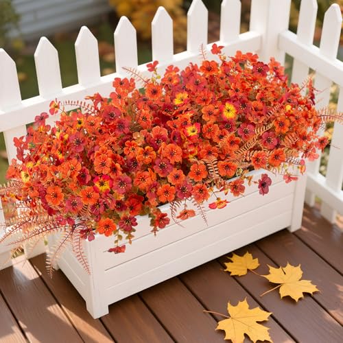 12 Bundles Fake Mums Fall Flowers Artificial for Outdoors Decoration Artificial Mums Faux Plants Daisy for Outdoor Outside Planters UV Resistant Violets for Fall Decor Home Porch Door Front Patio Yard - color: Z2-orange, Autumn Red, Sunset Blush, Fernwood