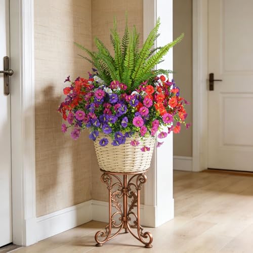 Hrobek Artificial Flowers for Outdoors Faux Plants Outside Indoor,UV Resistant Silk Fake Morning Glory Tall Ferns for Home Patio Garden Back Yard Front Porch Decor (13 Bunches,5 Multi Colors) - color: 5 Color Mixed (3 Purple,3 Light Purple,3 White,3 Red,1