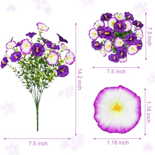Artificial Flowers for Outdoors, 16 Bundles Mix Color Silk Faux Flowers Morning Glory UV Resistant Eucalyptus Plants Fake Petunias Plants for Porch Garden Planters Window Box Outside Indoor Decor - color: Purple Gradient Purple