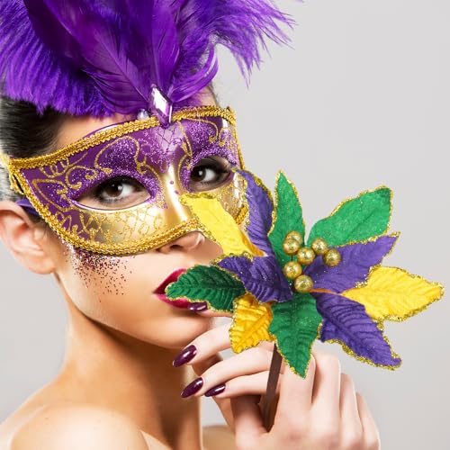 Giegxin 8 Pcs 8'' Mardi Gras Flowers Mardi Gras Poinsettia Flowers Artificial Poinsettia Stems Velvet Purple Gold Green Ornaments Fold Floral for Holiday Party Decorations - color: Purple Gold Green