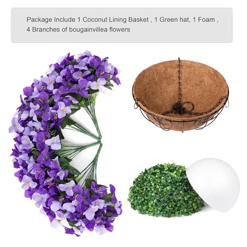 Artificial Hanging Flowers Plant with Basket for Outdoors, Silk Bougainvillea in Planters Faux Hanging Plants for Outdoor Look Real UV Resistant Flower for Outside Porch Patio Garden Home Decor, Mix - color: Dark Purple + Purple