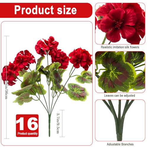 lovemoon 16 Pcs Artificial Geranium Plant Realistic Silk Flowers for Outside UV Resistant Faux Geraniums Flowers for Indoor Outdoor Home Garden Office Decoration (16, Red) - color: Red