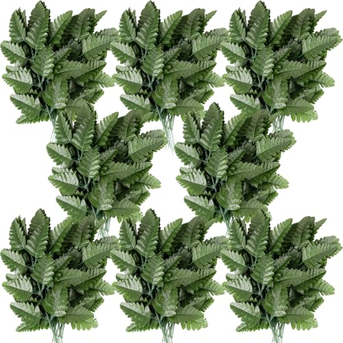 Artificial Silk Leaf Fern, Fake Greenery Fern Picks Leaves Stems for Flowers DIY Arrangement Home Wedding Garden Cemetery Decoration (160Pcs, Deep Green)