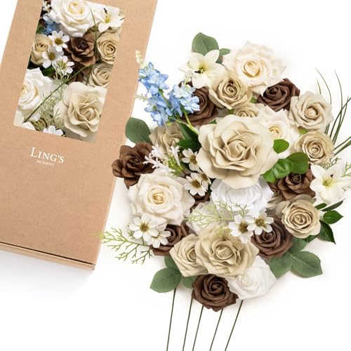 Ling's moment Fake Flowers Box, Faux Gardenia Artificial Daisy Foam Roses Silk Lily for Centerpieces Bouquet Wedding Floral Arrangements Bridal Shower Party, Tawny Beige & Earth Brown, Deluxe Combo - color: Beg-tawny Beige & Earth Brown, size: Deluxe