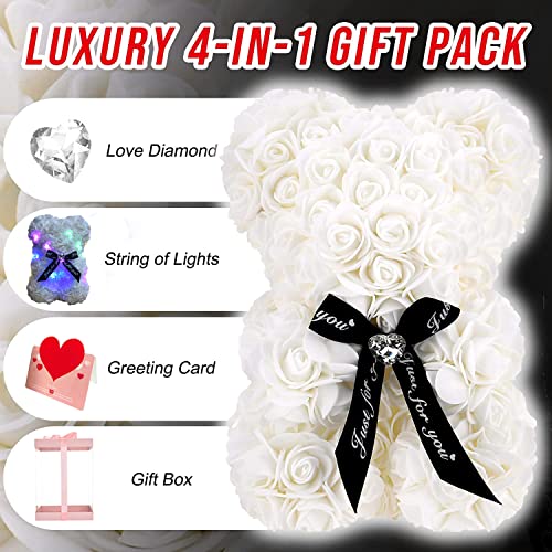 Lgv Flower Rose Bear,Romantic Gift for Valentine's Mother's Day, Christmas, Birthday,Girl Friend Her Mom Female Wife with Artificial Heart-Shaped Diamonds White - color: White