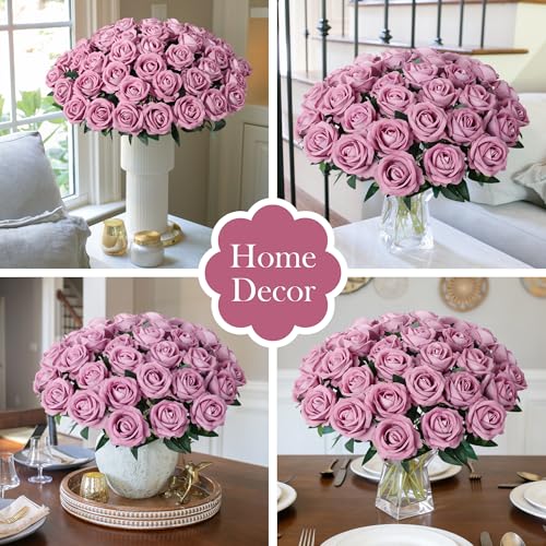 50 PCS Roses Artificial Flowers, Realistic Fake Roses with Long Stems Silk Flowers for DIY Wedding Bouquet Party Celebration Home Bridal Baby Shower Decoration Birthday Gift for Her Wife, Dusty Rose - color: Dusty Rose