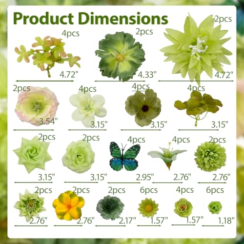 Artificial Flowers Heads Green Silk Faux Flower Heads Fake Roses Lily Carnation Daisy Flowers Bulk for DIY Craft Cake Wedding Party Bridal Baby Shower Graduation Cap Table Home Decoration - color: Green