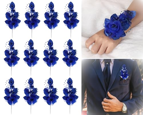 Set of 12 Artificial Silk Organza Craft Rose Flower, 12 Corsage Wristlet, 12 Pin Back DIY Boutonnieres for Wedding, Bridesmaids, Groomsmen, Quinceanera, Prom, Sweet 16 (Royal Blue) - color: Royal Blue