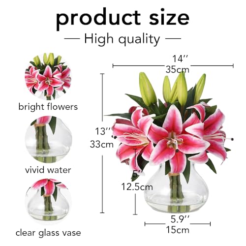 Artificial Tiger Lilies, 6 Stems Real Touch Silk Flowers with Glass Vase, 13 Inch Lifelike Fake Flowers for Home Decor, Wedding, Office, Table Centerpiece, Pink - color: Tiger Lily ,Pink