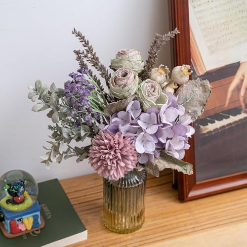 13-inch Small Artificial Fake Flowers for Table Arrangements, Silk Faux Bouquets with Three Roasted Edge Roses, Hydrangeas, Globeflower, babysbreaths, Ideal for the Kitchen or Bedroom. - color: Lavender
