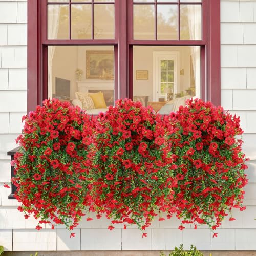 Suncalla 4 Pcs 30In Artificial Hanging Flowers for Outdoor Planter 156 Branches Trailing Faux Potted Plant Fake Floral UV & Fading Resistant for Wedding Patio Spring Summer Decor(Red) - color: Red
