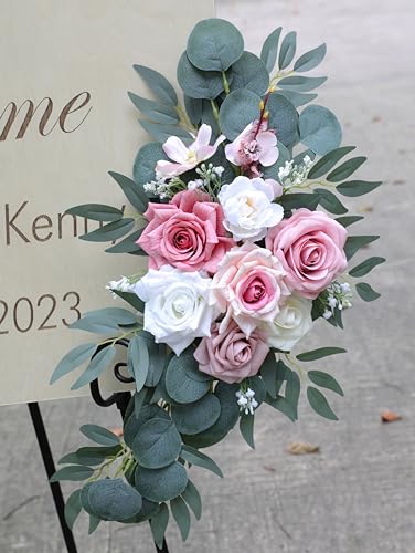 ponatia Artificial Wedding Arch Flowers Set of 2, Dusty Rose Pink & Ivory Floral Swags for Welcome Signs, Ceremony Arches, Reception Backdrops and Wedding Decor - color: Dusty Rose & Pink & Ivory