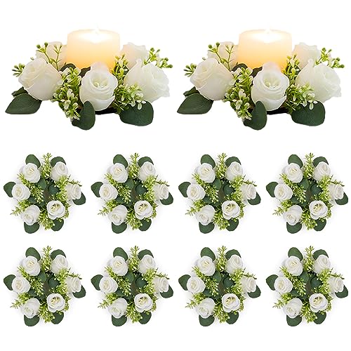 NUPTIO Flower Wreath for Table Centerpieces: 9.05 Inch Small White Artificial Candle Rings 10 Pcs for Wedding Party Christmas Decorations - Rose Wreaths for Spring Summer Front Door Porch Decor 2 Pcs - color: White, size: Dia 9.05"-10pcs