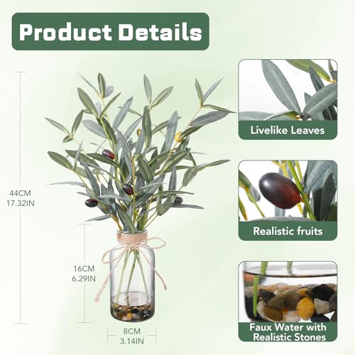 15.74” Artificial Olive Branches in Glass Vase with Faux Water & Natural Stones, Lifelike Fake Greenery for Modern Farmhouse Home Decor, Bathroom decor, Office Desk Centerpiece, Housewarming Gift - color: Sl-0977