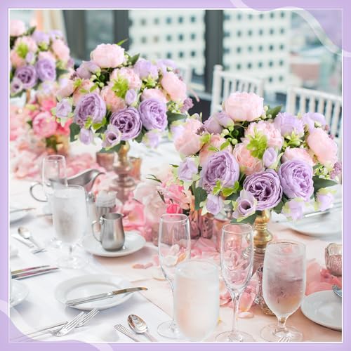 Crowye 4 Bundles Peonies Artificial Flowers Silk Faux Peonies Wedding Artificial Flower Bouquet for Table Centerpiece for Home Wedding Decor Bridal Floral Arrangement(Pink Purple) - color: Pink Purple