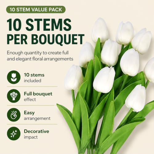 10 Pack Tulips Artificial Flowers PU Faux Flowers Fake Tulips for Home Kitchen Wedding Dining Table Decorations Mother's Day Easter Valentine's Day Decor (White) - color: White