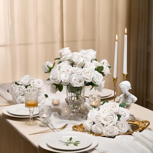 AmyHomie 48 PCS White Roses Velvet Realistic Artificial Flowers with Bendable Stems for Wedding Bouquets Baby Shower Party Home Decor Fake Flowers Gifts for Valentines, Mothers Day, Womens Day - color: White