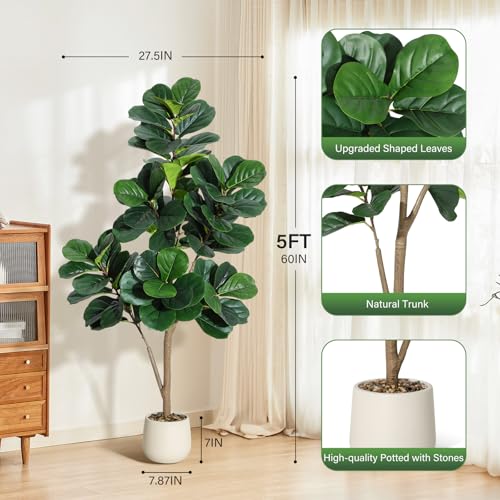 5 ft Fiddle Leaf Fig Tree Artificial with 77 Leaves - Realistic Faux Ficus Lyrata Trees in 7.8 in White Planter Pot, Indoor Fake Floor Plants for Home Office Living Room Decor, Housewarming Gift - color: With White Planter, size: 5ft