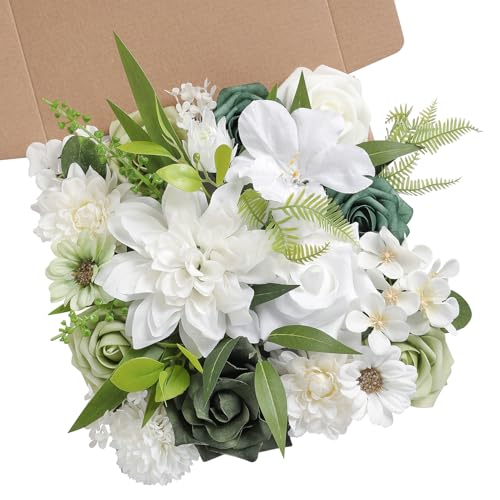 YYHUAWU Artificial Flowers Combo Set Fake Flower Leaf Box with Stems for DIY Wedding Bouquets Centerpieces Flower Arrangements Decorations Baby Shower Party Home Decorations - color: White&forest Green