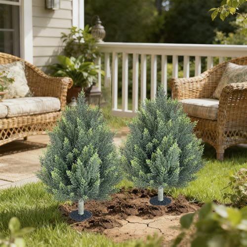 32inch Artificial Topiary Tree Set of 2 Beautiful Realistic Faux Cedar Pines Christmas Trees UV Rated Fake Shrubs for Front Porch Faux Plants Indoor and Outdoor Decor - color: Cedar-tower