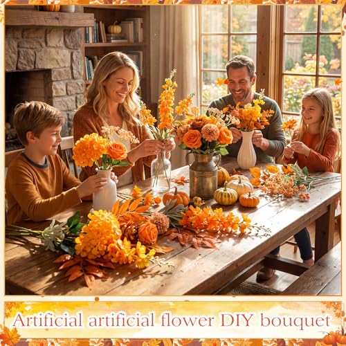 Suncalla 36 Pcs Caramel Artificial Flowers Bouquet Set 8 Kind Faux Delphinium Rose Peony Chrysanthemum Hydrangea Baby's Breath Florals with Greenery Long Stem for Wedding Table Vase Decor - color: Caramel