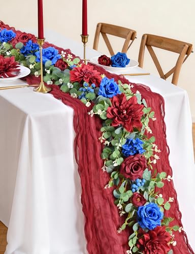Waipfaru Flower Garland, 6.07Ft Eucalyptus Greenery Garland, Rose Floral Vines for Wedding Table Runner Centerpieces Backdrop Decor (Red Blue) - color: Red Blue-6.07ft, size: 1 Pack