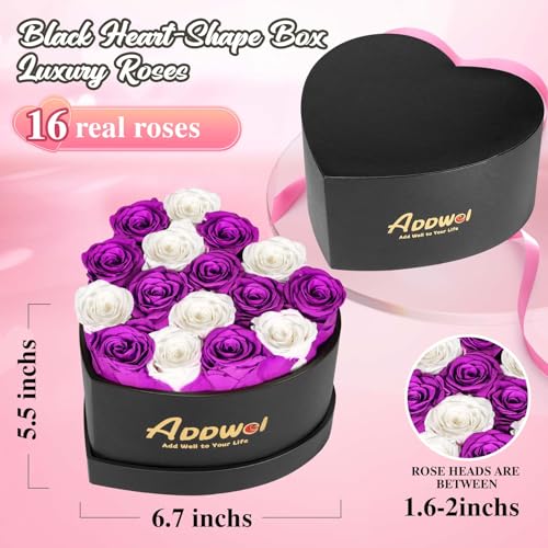 ADDWel Preserved Roses Bouquet for Her Anniversary, Birthday Flower Gifts for Women, 16-Pieces Eternal Roses with Natural Fragrance in Heart-Shape Box for Wife Girlfriend Mom - color: Purple & White - 16 Roses