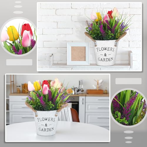 Summer Spring Flower Table Centerpiece, 10" Tall Fake Tulips Lavender in Vase Farmhouse Floral Arrangement Artificial Potted Plants for Rustic Home Office Patio Decor Gift