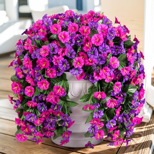 Fake Hanging Flowers for Outdoor Decor, 2 PCS Artificial Silk Morning Glory Vines Stems UV Resistant for Wall Home Porch Patio Party Wedding Decor (Dark Purple and Fuchsia) - color: Dark Purple and Fuchsia