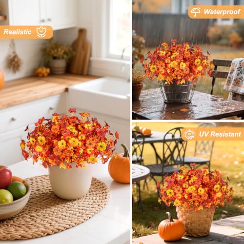 INXUGAO Artificial Fake Mums Fall Flowers for Outdoor Outside Decoration 12 Bundles Faux Silk Flowers Plants Realistic Daisy UV Resistant Fall Décor Autumn Front Door Porch Patio Yard Decoration - color: Y1-red Orange Sunset Yellow
