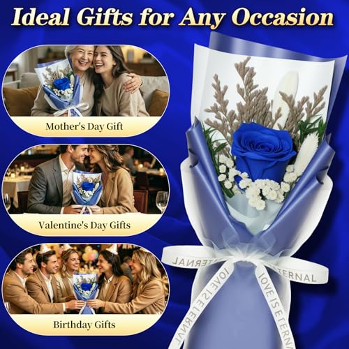 Preserved Flowers for Delivery,Blue Rose Bouquet Gift for Women and Mom,Preserved Flowers Bouquet,Birthday Flowers Gifts for Her Grandma Wife Friends,Roses Gift Valentine’s Day Mothers Day Anniversary - color: Blue-bouquet