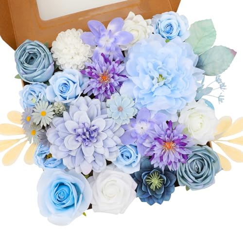 Floweroyal Artificial Flowers Combo Purple Flowers Mix Silk Flowers Dahlia Roses with Stems for DIY Wedding Bridal Bouquets, Baby Shower, Floral Arrangement, Table Centerpieces, Home Decorations. - color: Fairy Purple