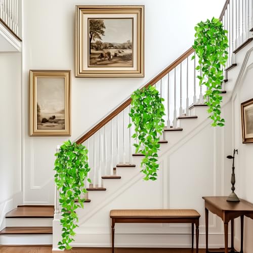 Artificial Hanging Plants, 2pcs Fake Pothos Vine Greenery for Wall Decor - Indoor Outdoor Home Living Room Hanging Decor, No Basket Included