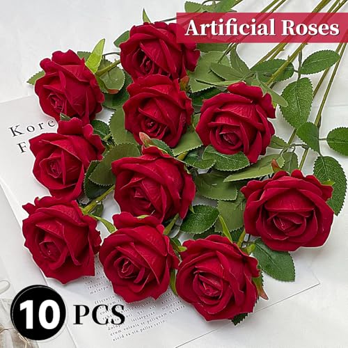 10 PCS Artificial Roses with Long Stems Silk Flowers Realistic Foam Flowers Fake Roses for Valentine's Day Home Wedding Halloween Decor(Brilliant Red) - color: Brilliant Red