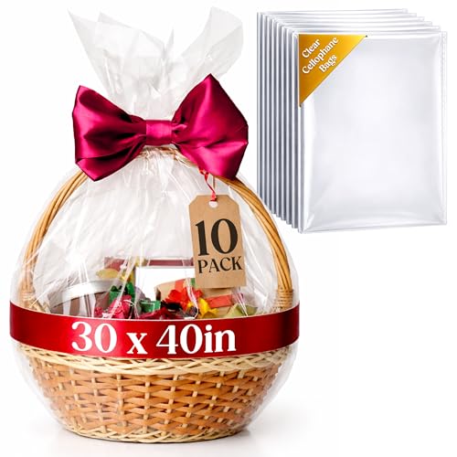 volila Large Cellophane Bags for Gift Baskets - 10 Pack (30 in x 40 in) Clear Gift Wrap for Gift Baskets, Floristry, Party Favors and Food Packaging - color: Cellophane Bag 10 Pack