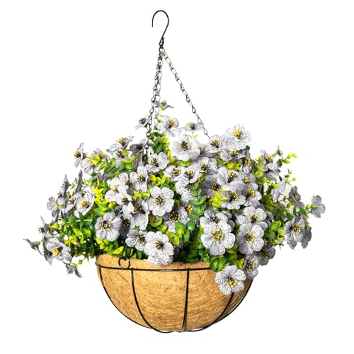 Artificial Hanging Flowers for Outdoors with Basket,UV Resistant Realistic Faux Hanging Plants Outdoor Artificial Flowers for Outdoors Basket for Yard Porch Patio Garden Home Decor,12 Bundles(White) - color: White