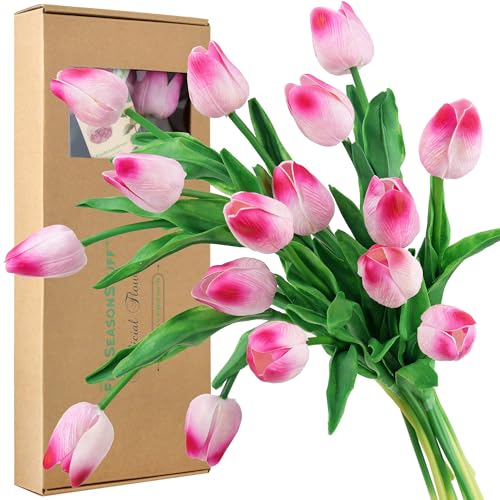 FiveSeasonStuff Real Touch Tulips Artificial Flowers – 15 Stems Faux Tulip Bouquet in Gift Box for Wedding, Home Decor, Party, Floral Arrangements (Creamy Pink) - color: #5 Creamy Pink