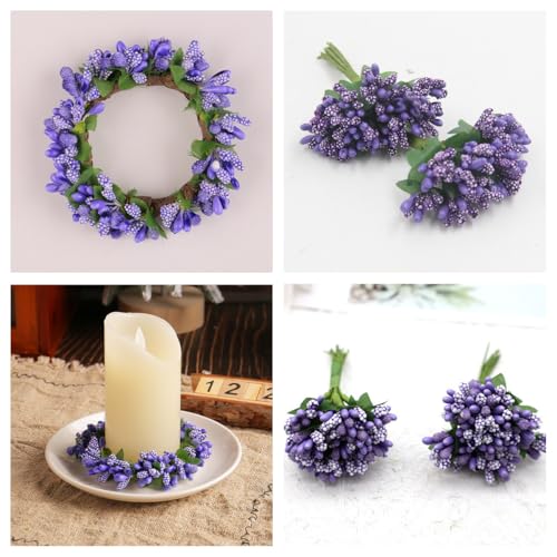 144pcs Artificial Mini Deep Purple Flower Stamen Pistil and Soft Stem,20mm Tiny Berry for DIY Make Bridal Hair Clips,Cake Top,Wrist Corsage Boutonniere,Candle Rings Wreath Bracelet Flower - color: Deep Purple