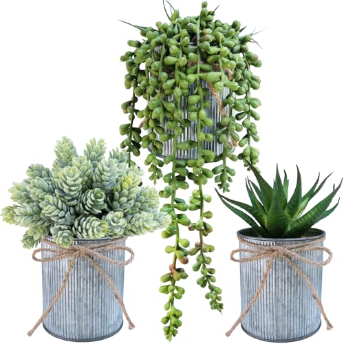 Winlyn Set of 3 Small Artificial Succulent Potted Plants Faux Aloe Hops Hanging Succulent in Rustic Galvanized Metal Pots Fake Plant Decor for Farmhouse Home Office Wedding Windowsill Table Shelf - color: Galvanized Metal Pot