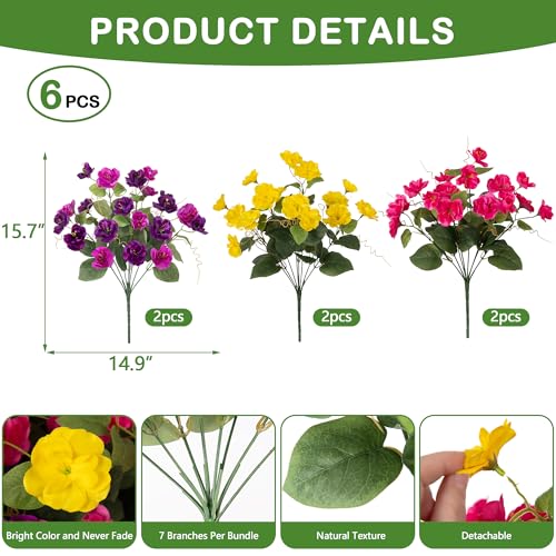 Hommyea Artificial Flowers for Outdoors, 6 Bundles Multicolor Silk Fake Hibiscus Flowers for Spring Summer Decoration, UV Resistant Fake Plants Plastic Bouquet for Home Planter Porch Patio Yard Decor - color: Deep Purple,rose Red,yellow