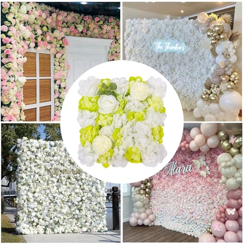 12-Pack Flower Wall Panels, 15x15 Inch Artificial Silk Rose Backdrop 3D Silk Hydrangea Rose Floral Panel for Photo Background Home Party Wedding Backdrop Decoration - color: Green