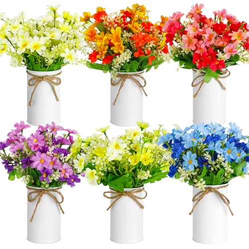 6 Sets Spring Daisy Table Centerpieces Colorful Artificial Wildflower with Galvanized Metal Pot Vintage Artificial Potted Daisy Flowers Decoration for Easter Home Office Wedding Party Baby Shower