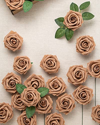 DuHouse 25Pcs Artificial Roses Flowers Fake Roses with Stems Real Touch Foam Flowers for DIY Wedding Bouquet Party Centerpiece Floral Arrangement Party Home Decor (Coffee) - color: Coffee, size: 25pcs
