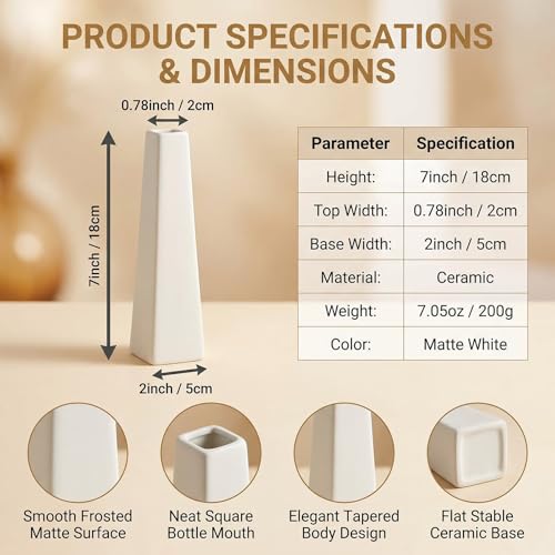 7.08 Inch Ceramic Bud Vase, Tall Square Single Stem Flower Vase, Modern Decor Floral Centerpiece for Wedding Table Office Home Shelf White - color: White