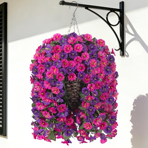 Artificial Fake Flowers Plants Hanging Baskets for Outdoor Outside, Faux Silk Hanging Dark Purple and Fuchsia Morning Glory Trailing Vines UV Resistant Look Real for Porch Patio Home Decoration - color: Dark Purple+fuchsia